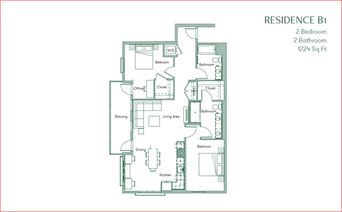 The Baxter floorpan 2 Bedroom 2 Bath 1224 square feet A at The Baxter Apartments, Los Angeles, CA
